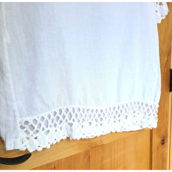 White 100% Linen Crochet Trim SMALL Round Neck Blouse Made Italy Minimalist - Picture 4 of 5